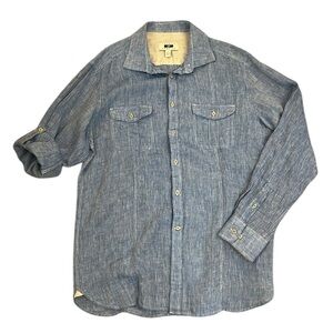 Joseph Abboud Linen Convertible-Sleeve Button Front Shirt Denim Blue Luxury XL